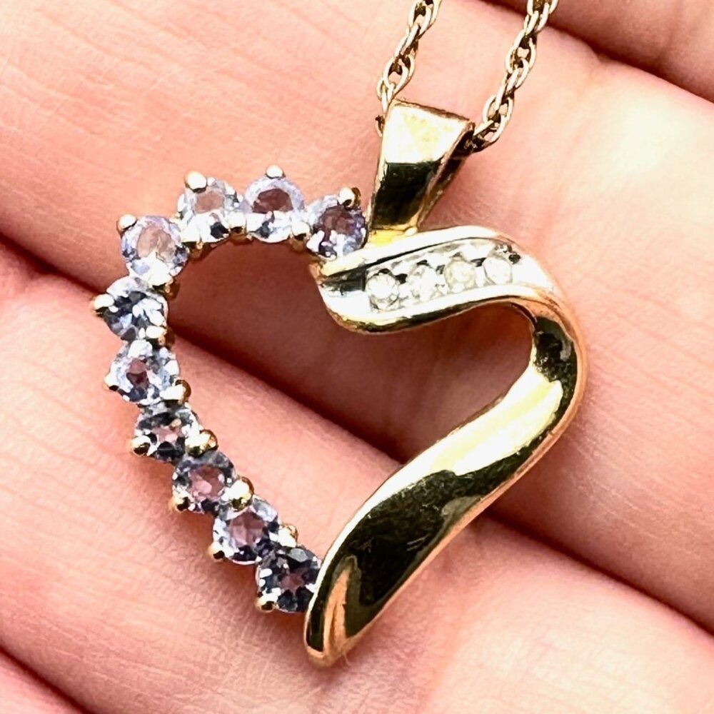 Womens Necklace 10K Yellow Gold Tanzanite Diamond Heart Pendant